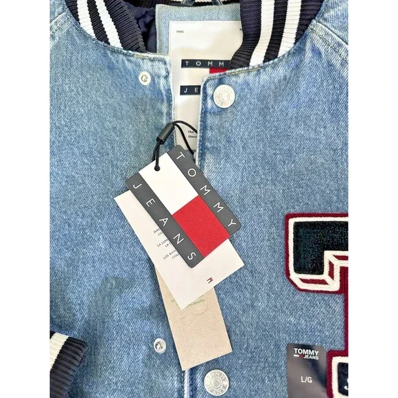 Tommy Jeans Women's Denim Snap-Front Cotton Letterman Jacket Blue Jean L - Picture 10 of 12